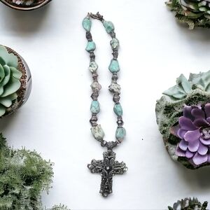 SILVER TONE cross choker necklace shimmering black clear turquoise beads